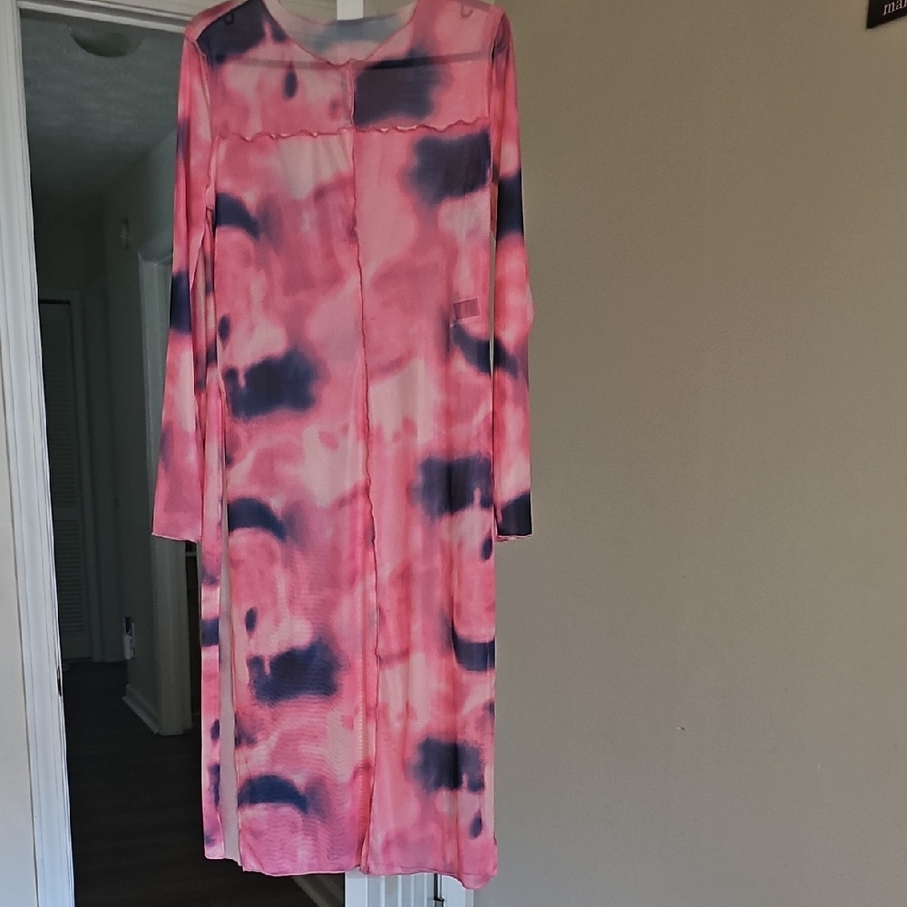 SHEIN Pink and Navy Tie-Dye Long Blouse